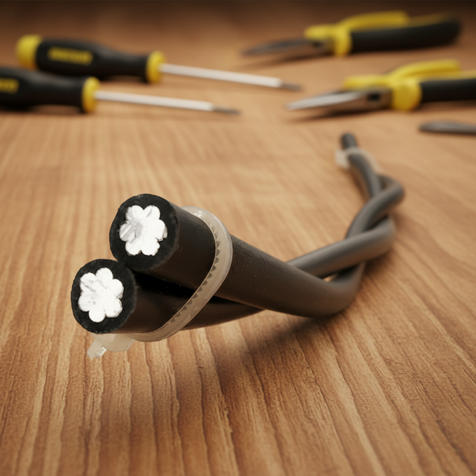1000V twist aluminum overhead ABC XLPE cable, 2×16 mm², showing bundled aluminum conductors with XLPE insulation